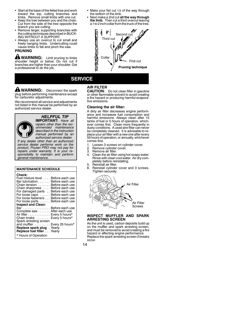 Service, Warning, Helpful tip | Poulan 545123817 User Manual | Page 14 / 19