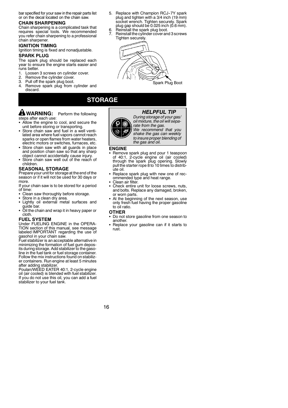 Storage, Warning, Helpful tip | Poulan 545123817 User Manual | Page 16 / 19