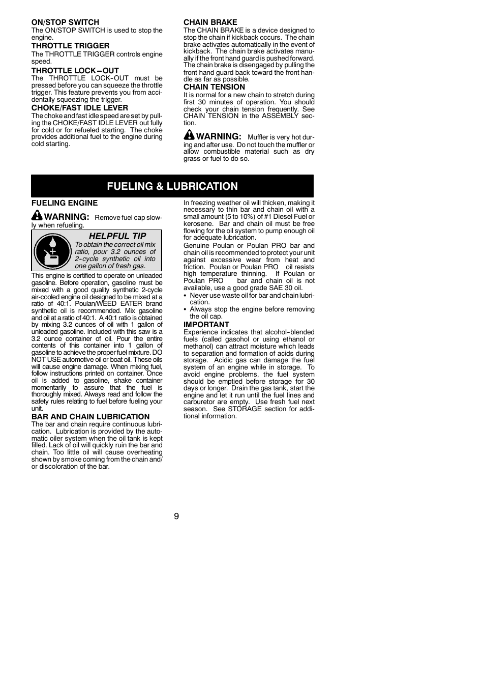 Fueling & lubrication, Warning, Helpful tip | Poulan 545123817 User Manual | Page 9 / 19