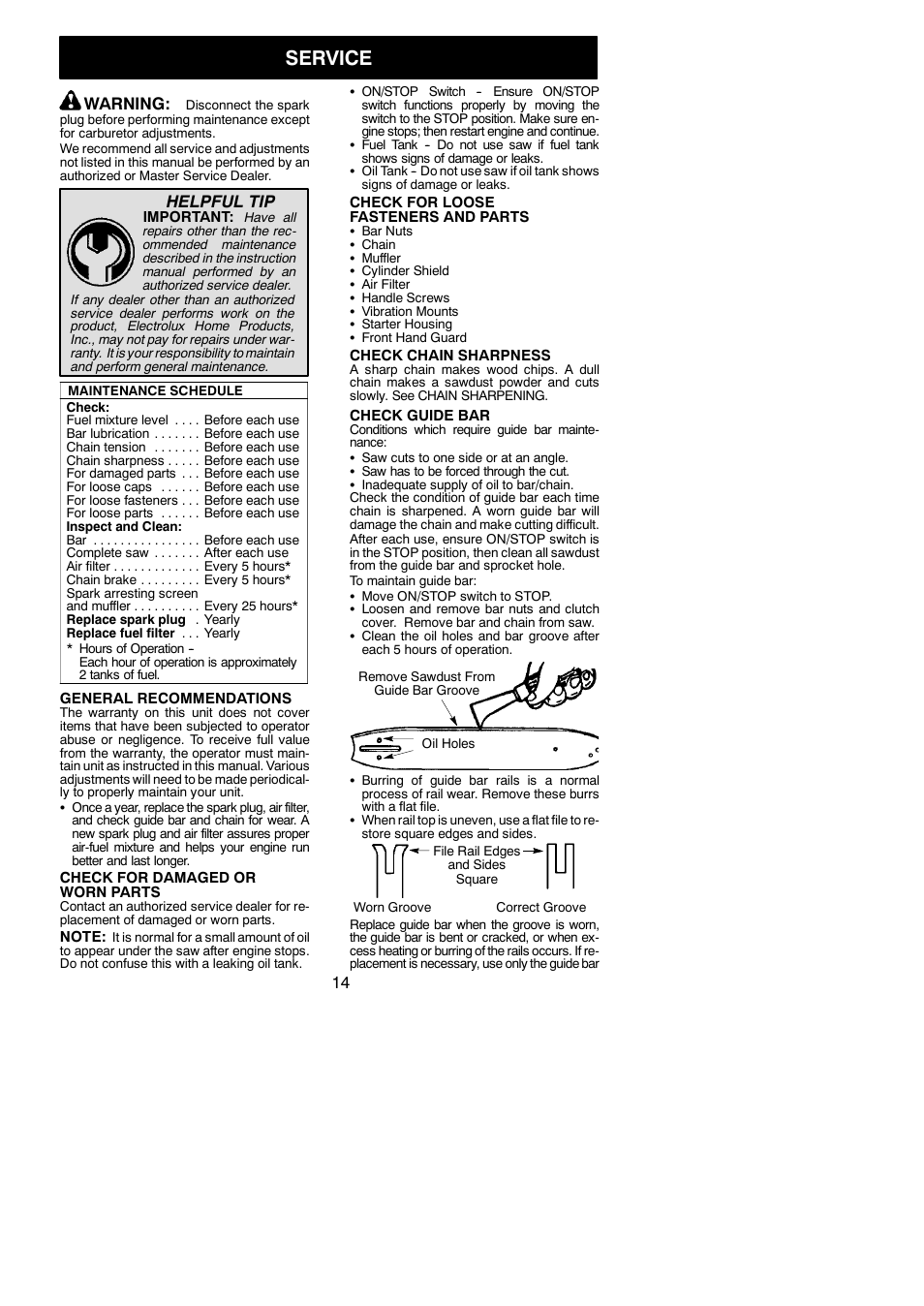 Service, Warning, Helpful tip | Poulan S1970 User Manual | Page 14 / 19