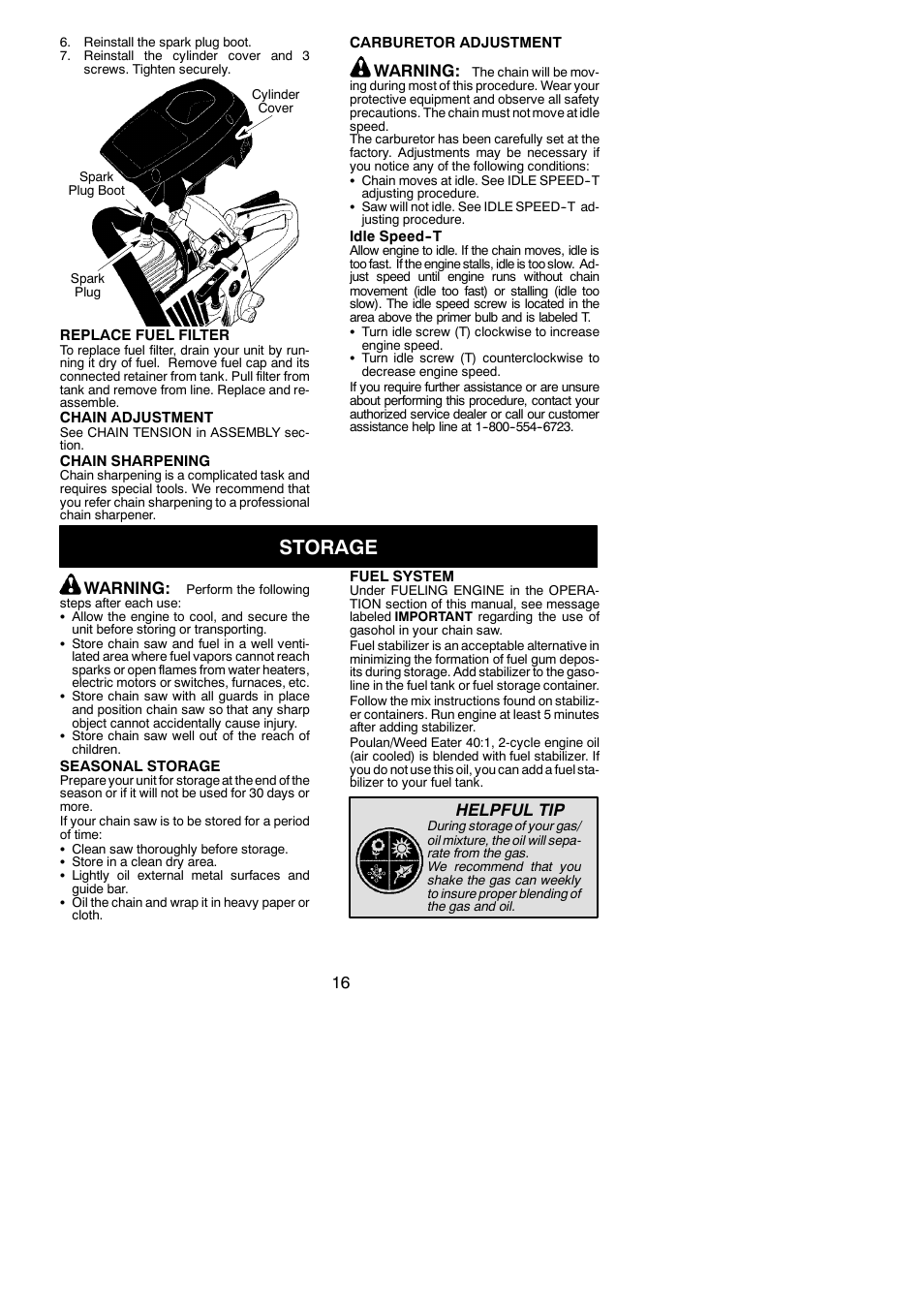 Storage, Warning, Helpful tip | Poulan S1970 User Manual | Page 16 / 19