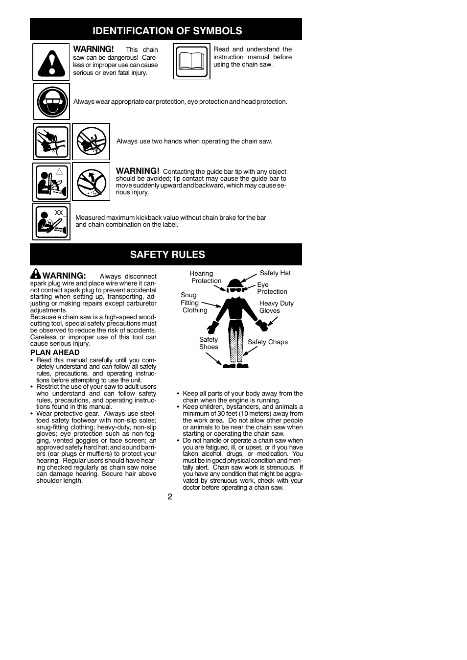 Identification of symbols, Safety rules, Warning | Poulan S1970 User Manual | Page 2 / 19
