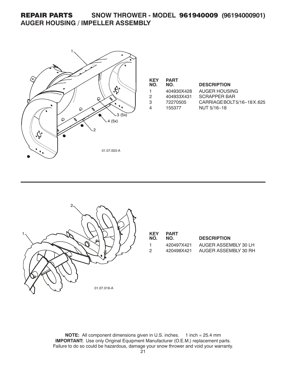 Repair parts, Auger housing / impeller assembly | Poulan 96194000901 User Manual | Page 21 / 40