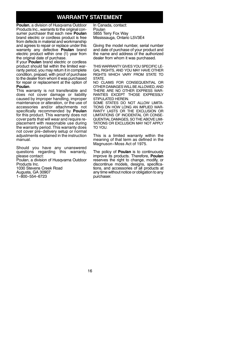 Warranty statement | Poulan ES350WT User Manual | Page 16 / 16