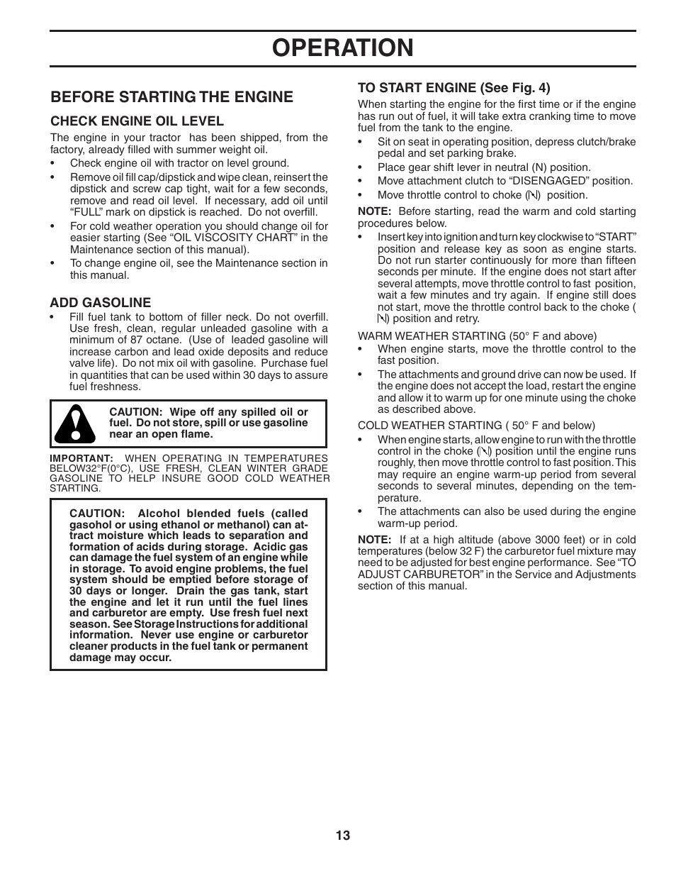 Operation, Before starting the engine | Poulan 403315 User Manual | Page 13 / 30