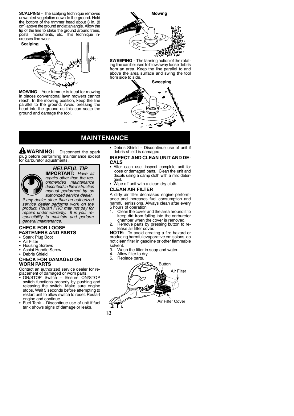 Maintenance, Warning, Helpful tip | Poulan Pro PP125 User Manual | Page 13 / 18