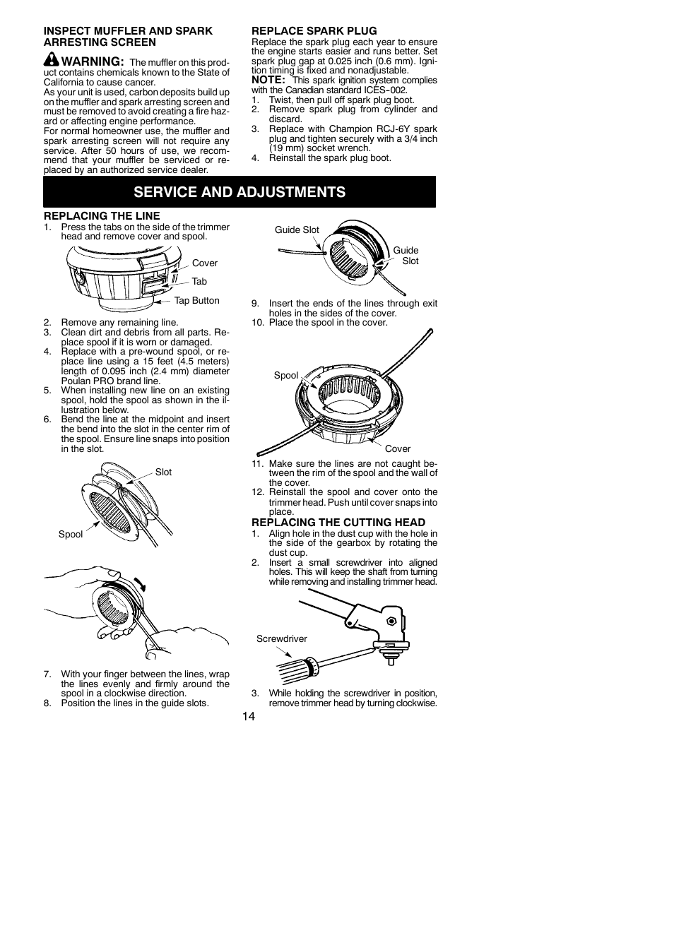 Service and adjustments, Warning | Poulan Pro PP125 User Manual | Page 14 / 18