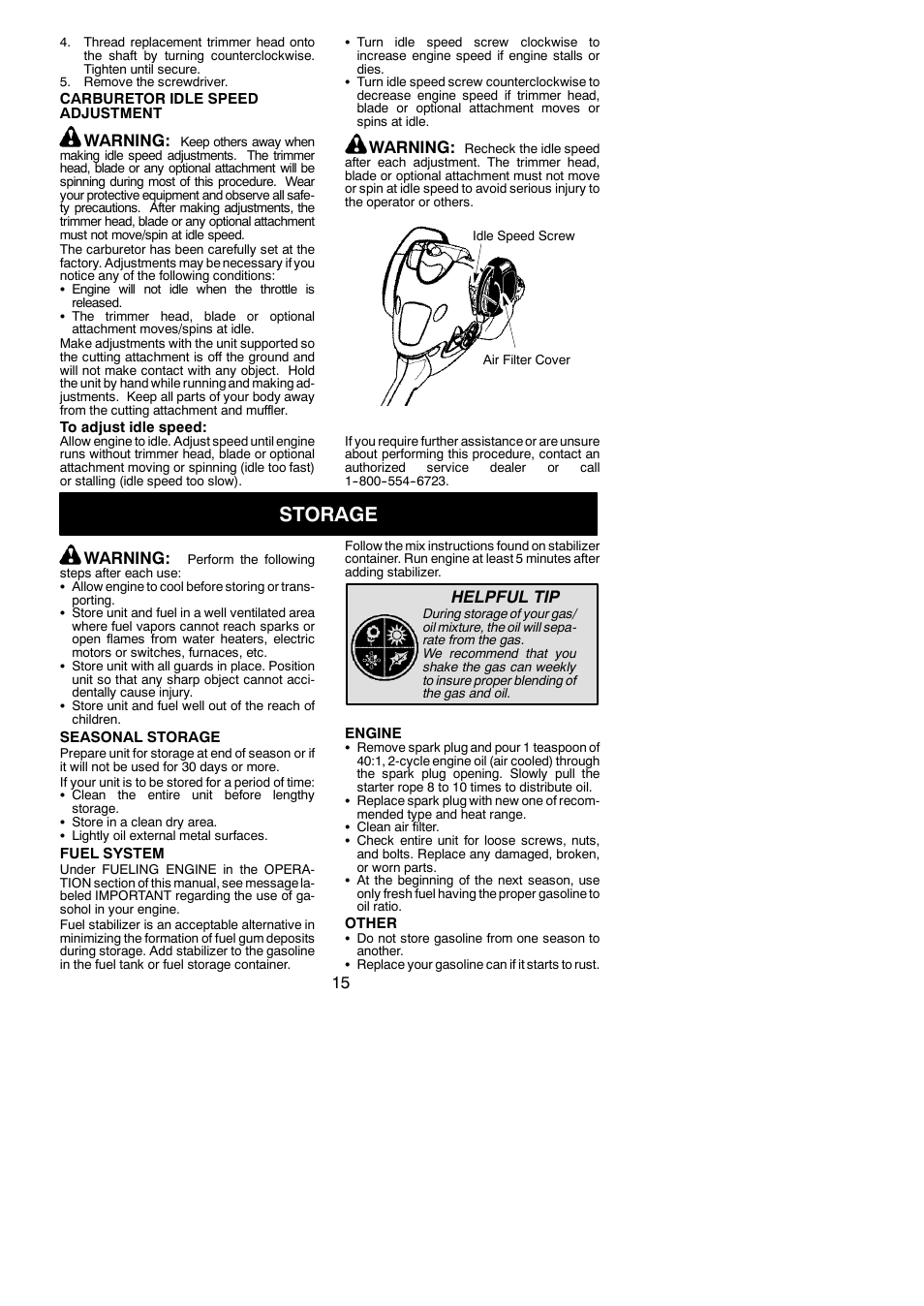 Storage, Warning, Helpful tip | Poulan Pro PP125 User Manual | Page 15 / 18