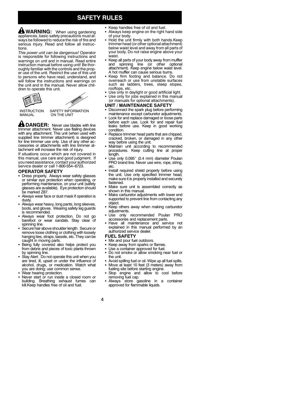 Safety rules, Warning, Danger | Poulan Pro PP125 User Manual | Page 4 / 18