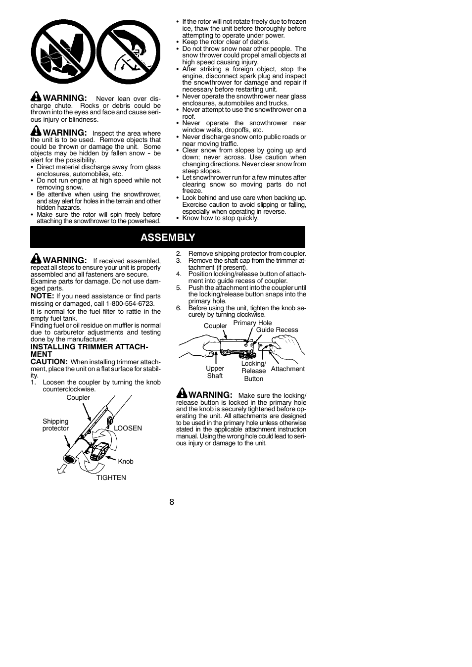 Assembly, 8warning, Warning | Poulan Pro PP125 User Manual | Page 8 / 18