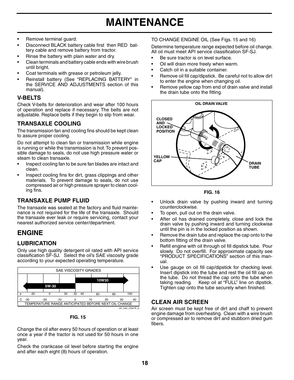 Maintenance, Engine, Clean air screen | Transaxle cooling, Transaxle pump fluid, V-belts, Lubrication | Poulan 187009 User Manual | Page 18 / 48