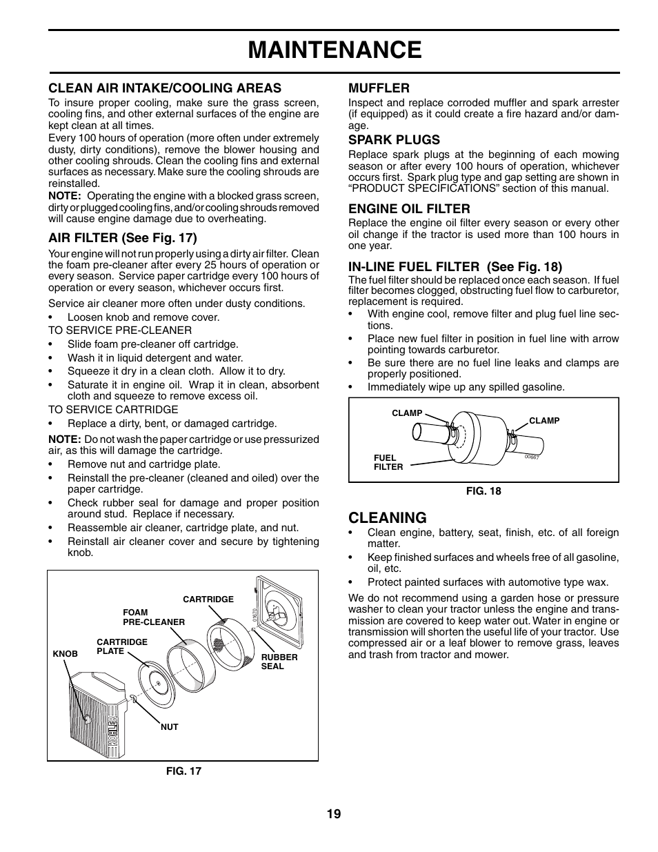Maintenance, Cleaning | Poulan 187009 User Manual | Page 19 / 48