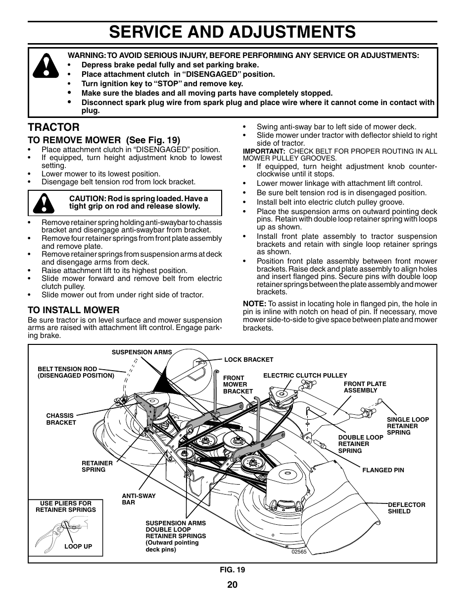Service and adjustments, Tractor | Poulan 187009 User Manual | Page 20 / 48