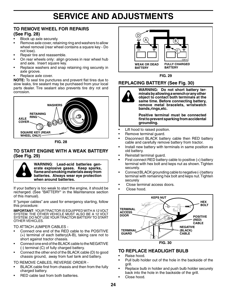 Service and adjustments, Replacing battery (see fig. 30) | Poulan 187009 User Manual | Page 24 / 48