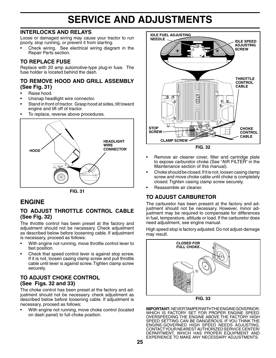 Service and adjustments, Engine | Poulan 187009 User Manual | Page 25 / 48