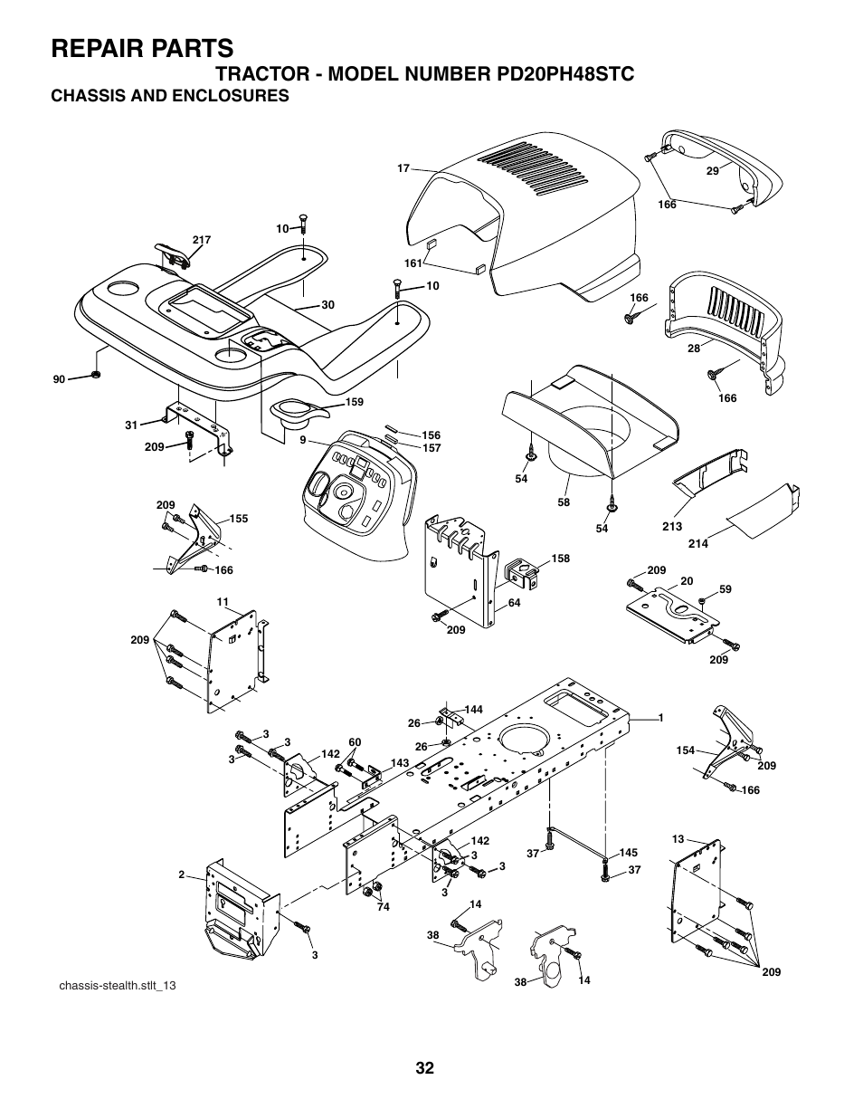 Repair parts, Tractor - model number pd20ph48stc, Chassis and enclosures | Poulan 187009 User Manual | Page 32 / 48