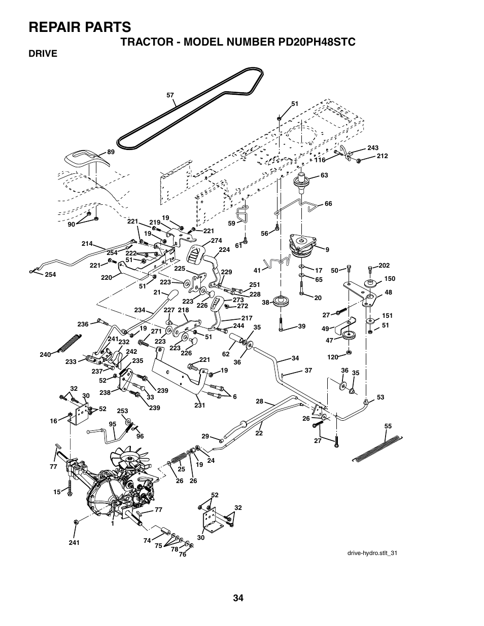 Repair parts, Tractor - model number pd20ph48stc, Drive | Poulan 187009 User Manual | Page 34 / 48