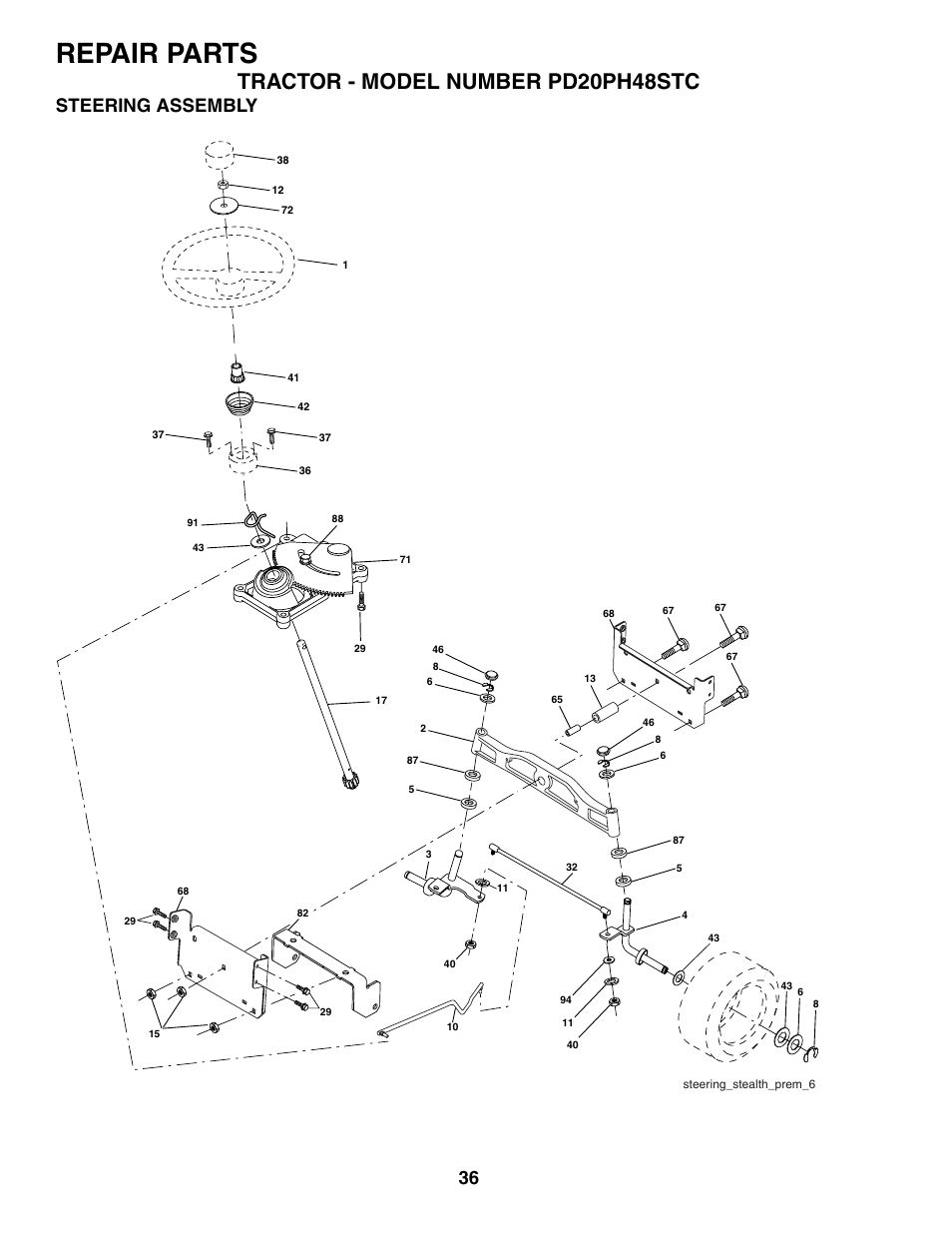 Repair parts, Tractor - model number pd20ph48stc, Steering assembly | Poulan 187009 User Manual | Page 36 / 48