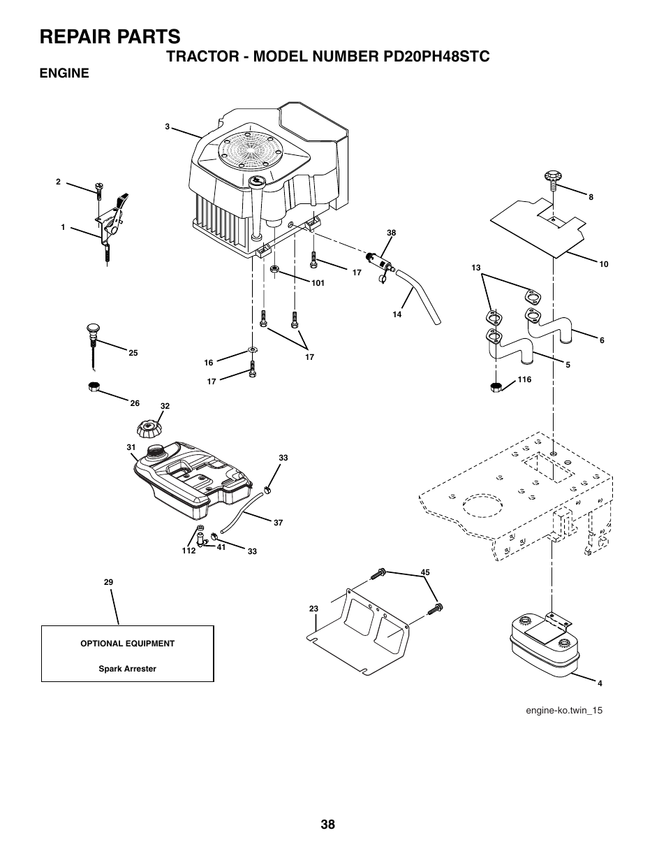 Repair parts, Tractor - model number pd20ph48stc, Engine | Poulan 187009 User Manual | Page 38 / 48