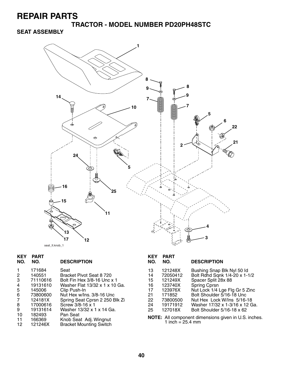 Repair parts, Tractor - model number pd20ph48stc | Poulan 187009 User Manual | Page 40 / 48