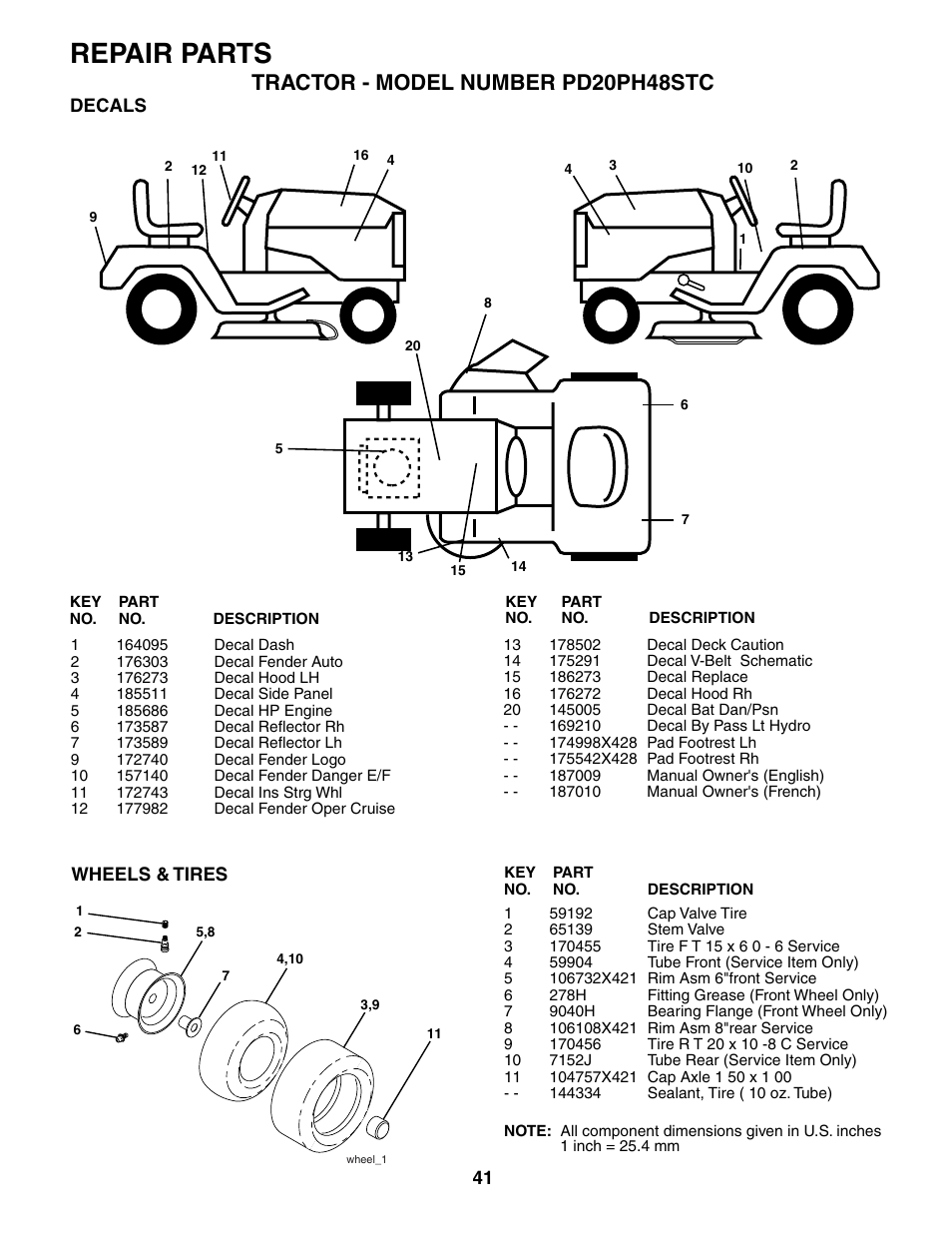 Repair parts, Tractor - model number pd20ph48stc | Poulan 187009 User Manual | Page 41 / 48