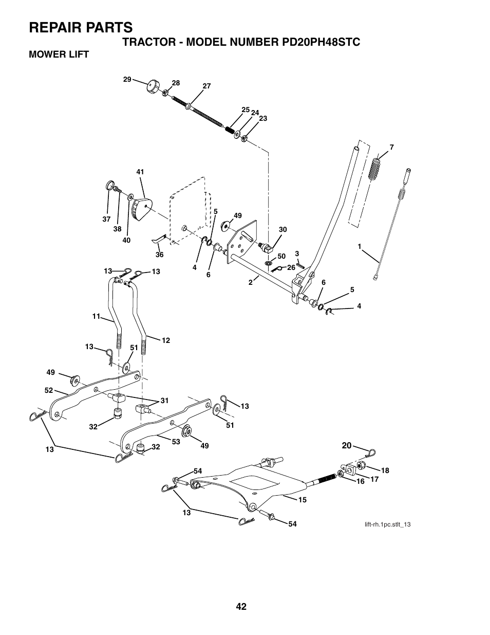 Repair parts, Tractor - model number pd20ph48stc, Mower lift | Poulan 187009 User Manual | Page 42 / 48