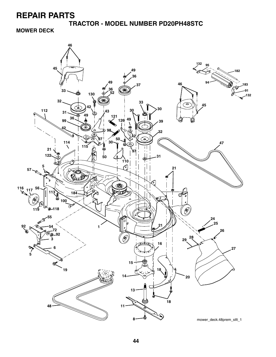 Repair parts, Tractor - model number pd20ph48stc, Mower deck | Poulan 187009 User Manual | Page 44 / 48