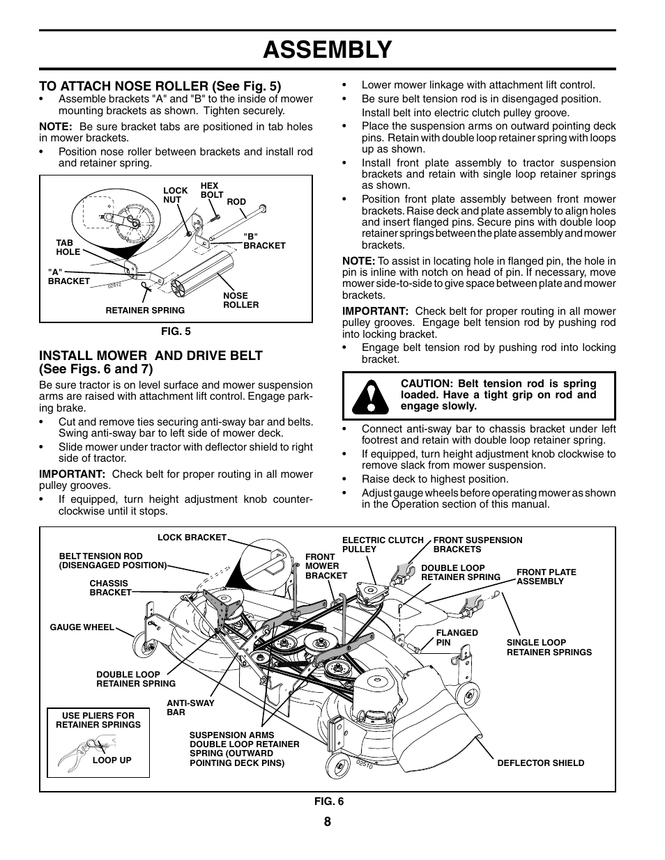 Assembly, 8install mower and drive belt (see figs. 6 and 7) | Poulan 187009 User Manual | Page 8 / 48
