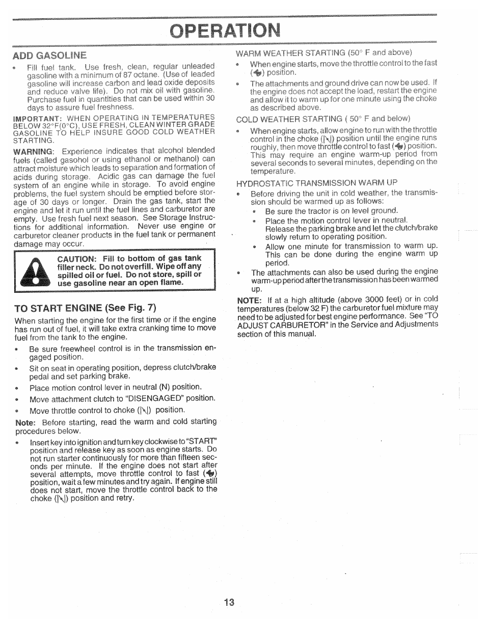 Add gasoline, Operation | Poulan 160464 User Manual | Page 13 / 52