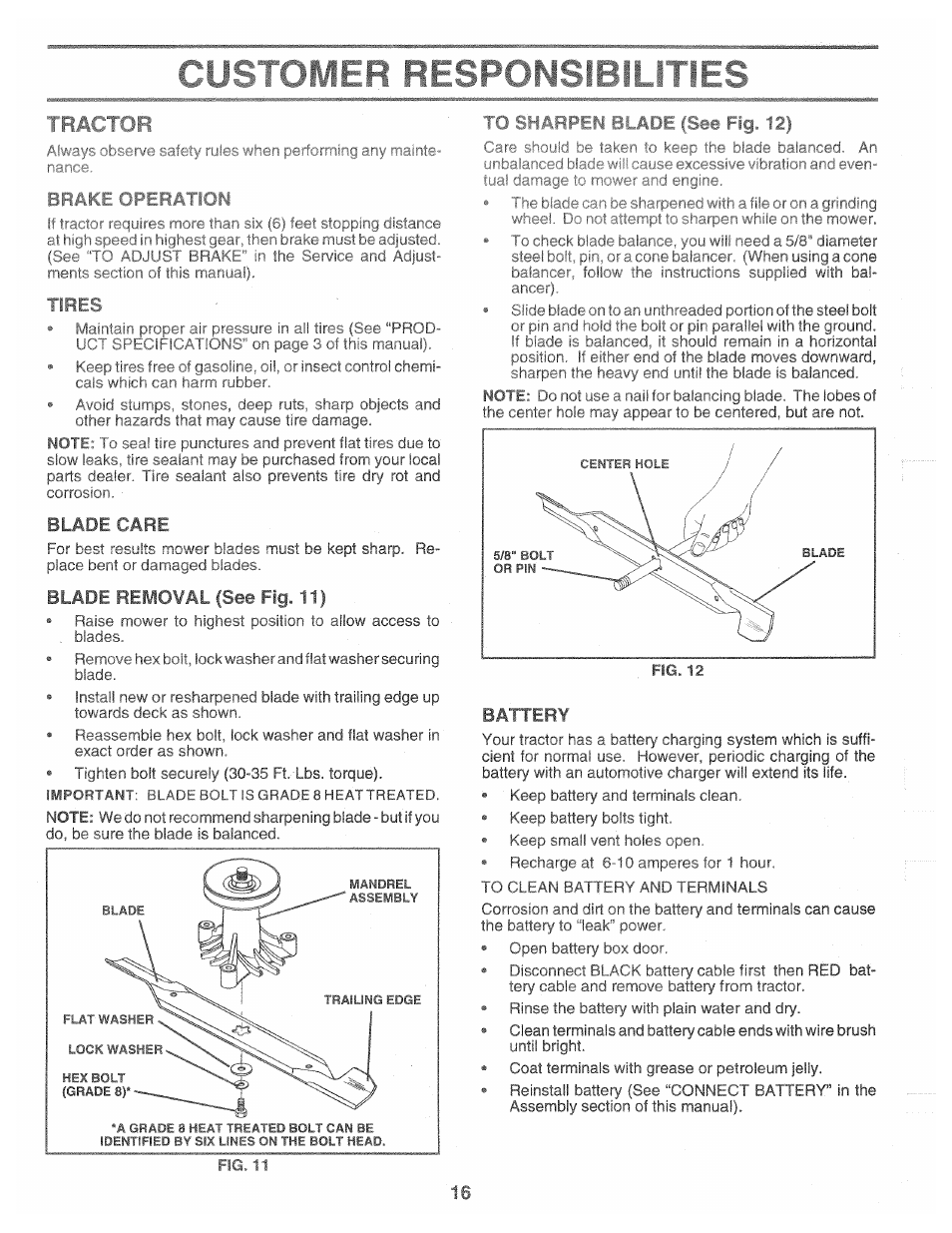 Blade removal (see fig. 11), Battery, Brakec | Tires, Blade care, Sharpen, Blac | Poulan 160464 User Manual | Page 16 / 52