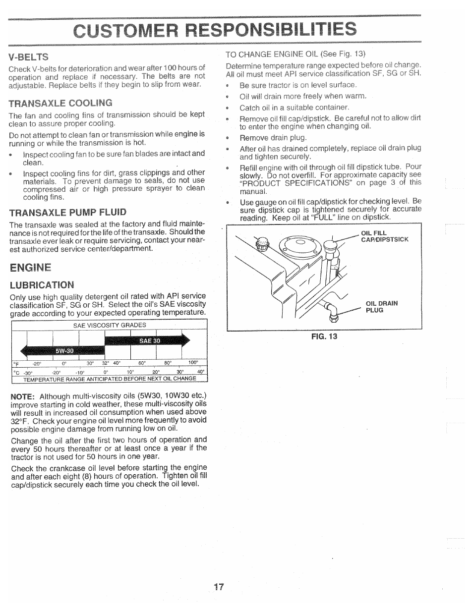 V-belts, Transaxle cooling, Engine | Responsibilities, Transaxle pump fluid, Lubrication | Poulan 160464 User Manual | Page 17 / 52