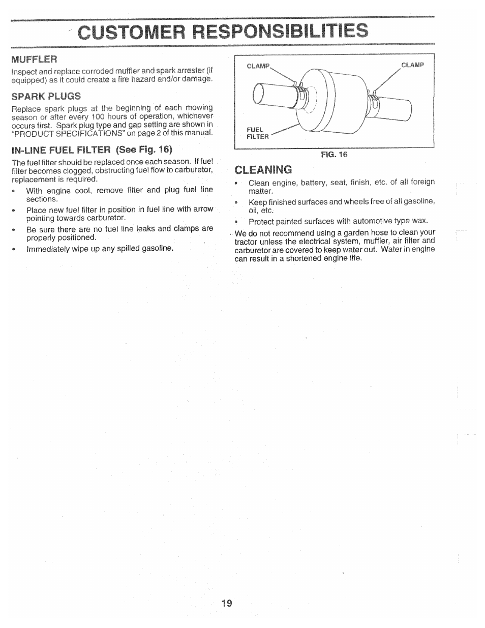 Muffler, Cleaning, Customer responsibilities | Poulan 160464 User Manual | Page 19 / 52