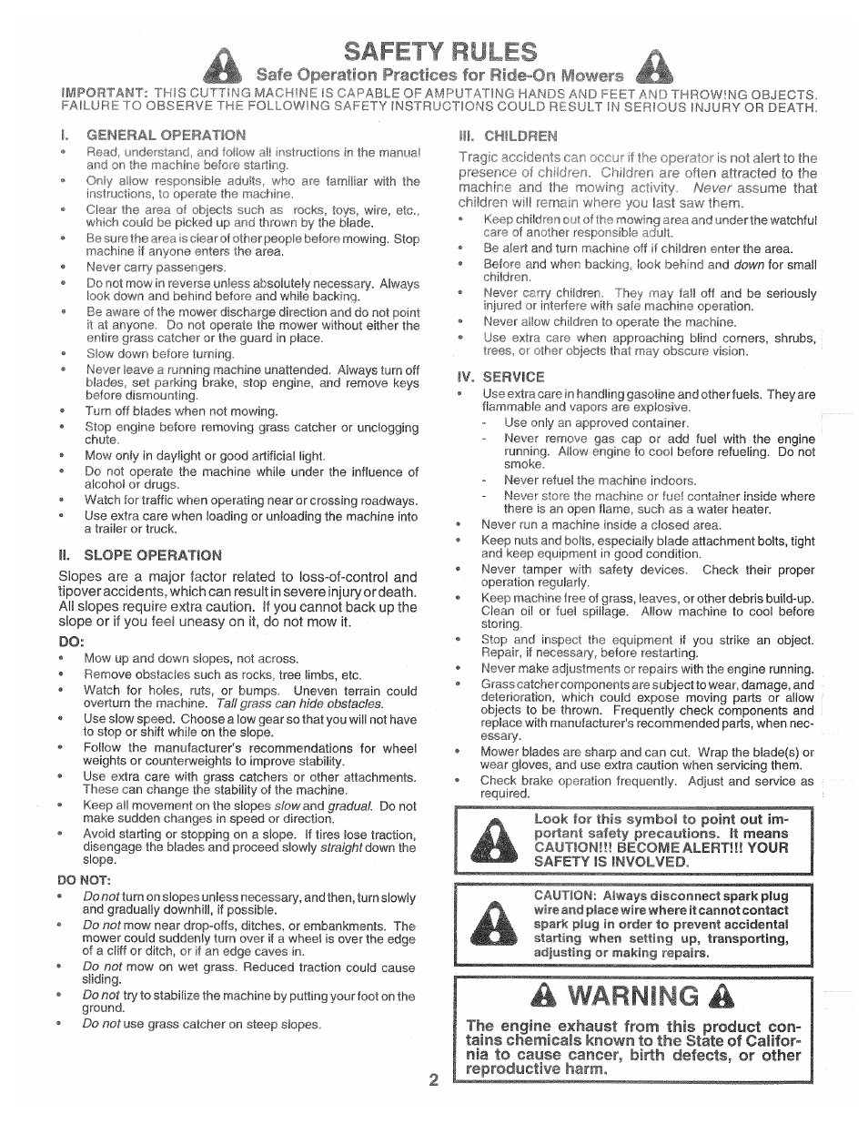 Safety rules, Warning, Never | 3per3tioii practices for ride-on ili | Poulan 160464 User Manual | Page 2 / 52