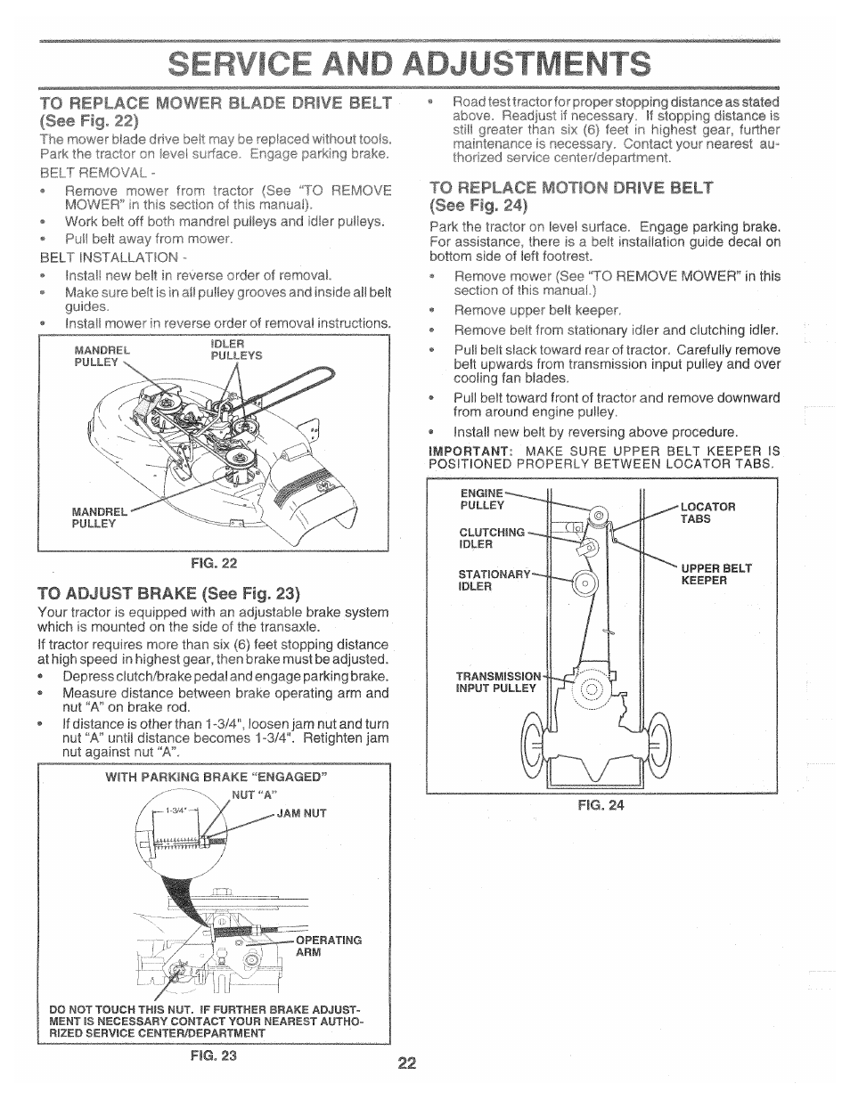 Replace mower blade dri¥e belt (see fig. 22) | Poulan 160464 User Manual | Page 22 / 52