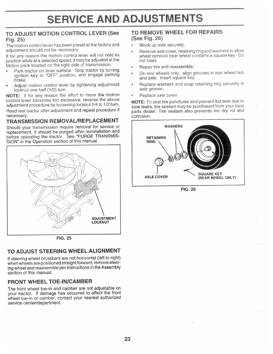 Service and adjustmen'f, Ro adjui, Transmission removaureplacement | To adjust steering wheel alignment, Front wheel toe-in/camber | Poulan 160464 User Manual | Page 23 / 52