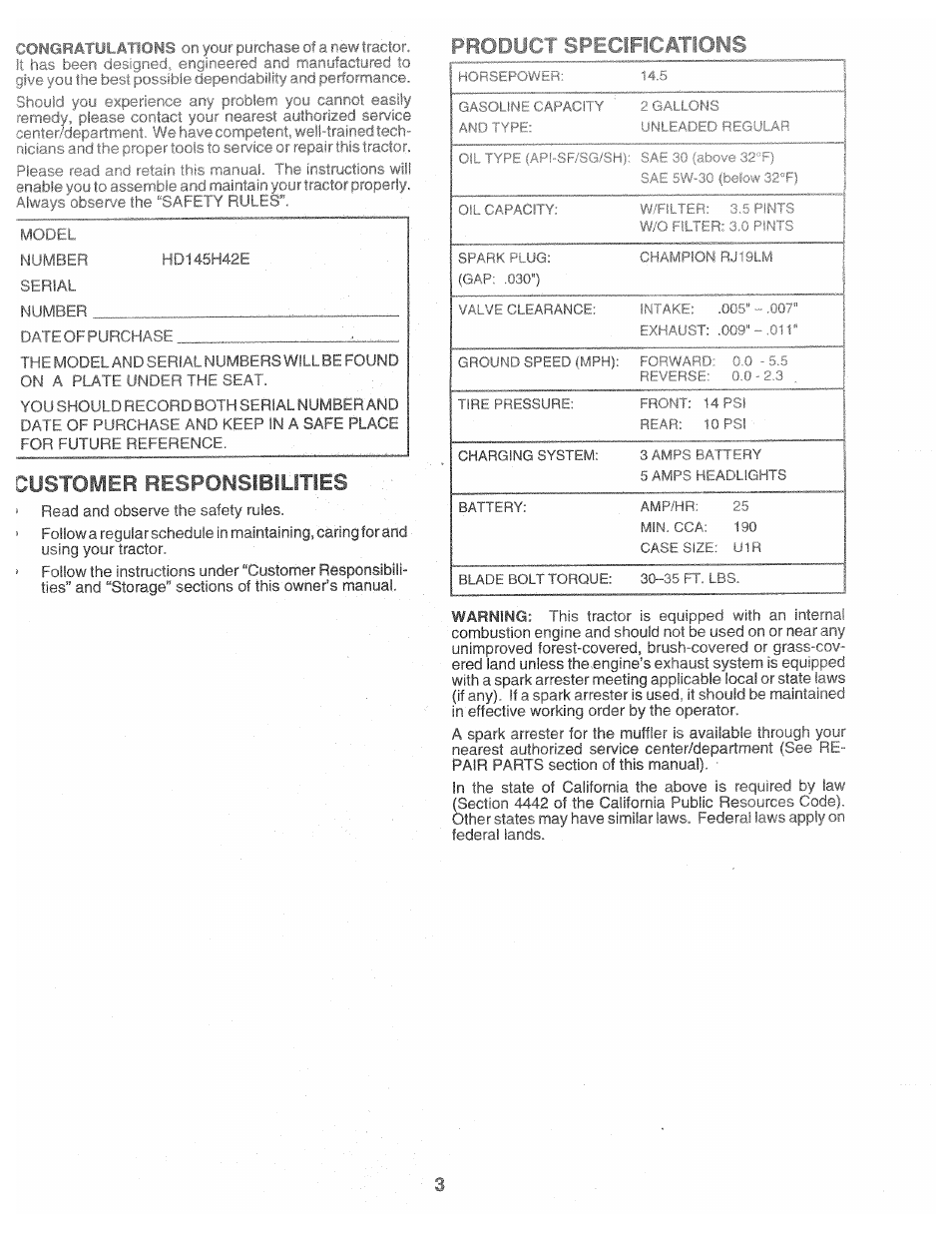 Customer responsibilities | Poulan 160464 User Manual | Page 3 / 52