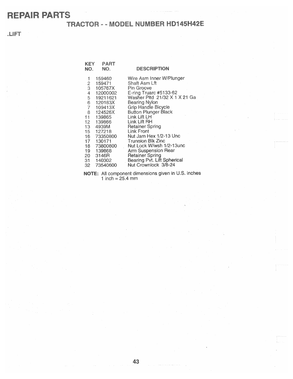 Lift, Repair parts, Tractor - - model nümber | Poulan 160464 User Manual | Page 43 / 52