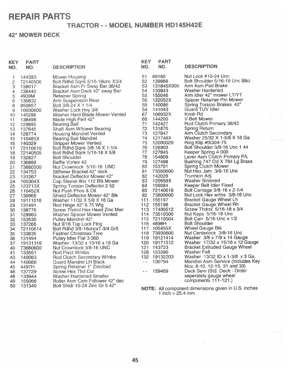 42" mow! civ, Repair pa, Lactor - - model number нш45н42е | 42" mow | Poulan 160464 User Manual | Page 45 / 52