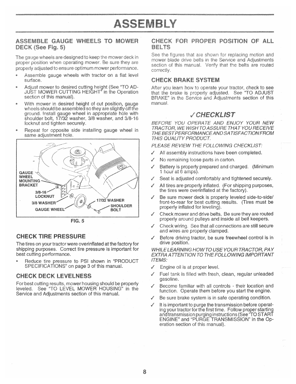 Eck (see fia. 5), Wc^lisl, N _u | Check tire pressure, Check deck le¥elness, Check for proper position of all belts | Poulan 160464 User Manual | Page 8 / 52