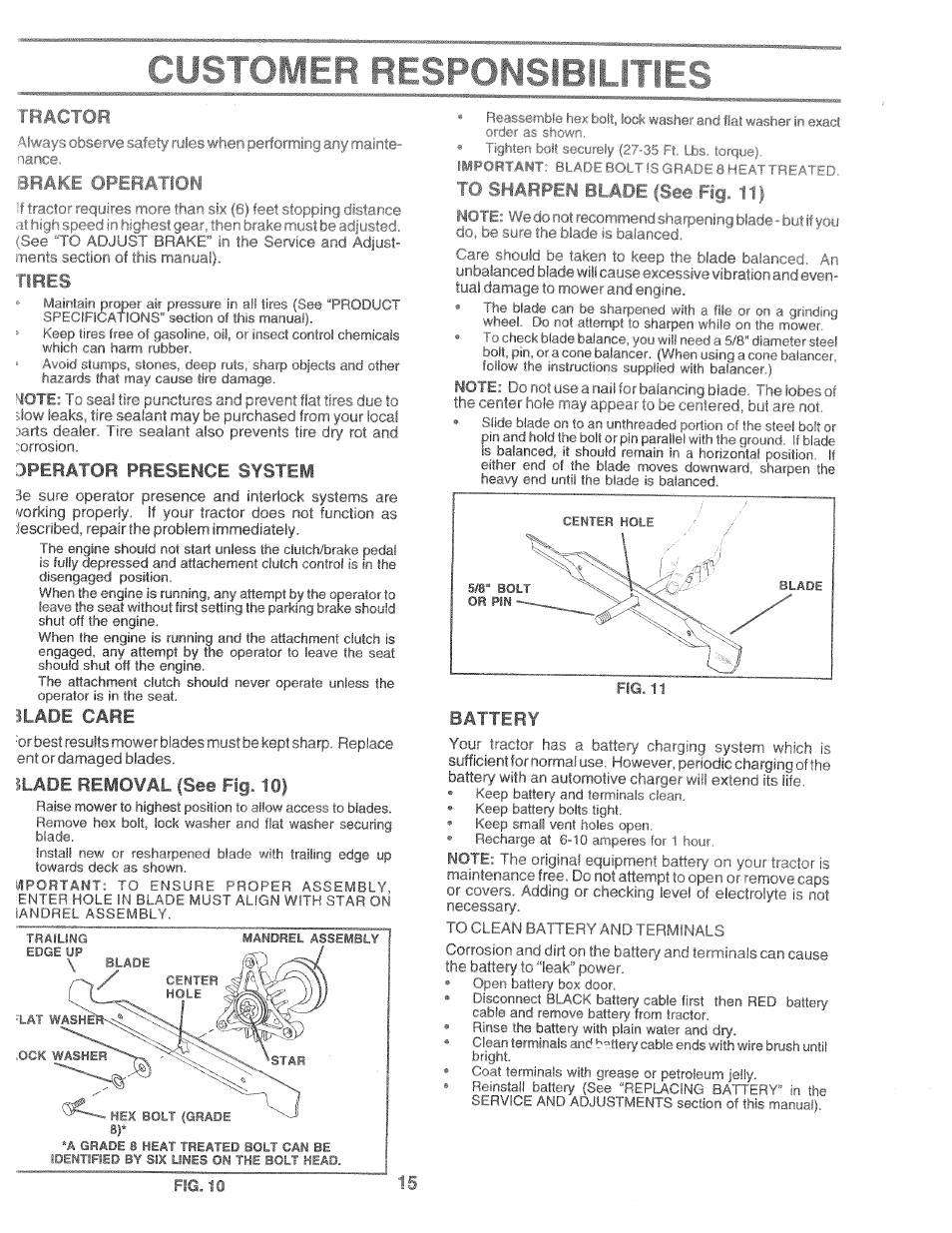 Iperator presence s¥stem, 3lade care, I lade removal (see fig 10) | M respomsibilitie, Operatlof | Poulan 169553 User Manual | Page 15 / 48