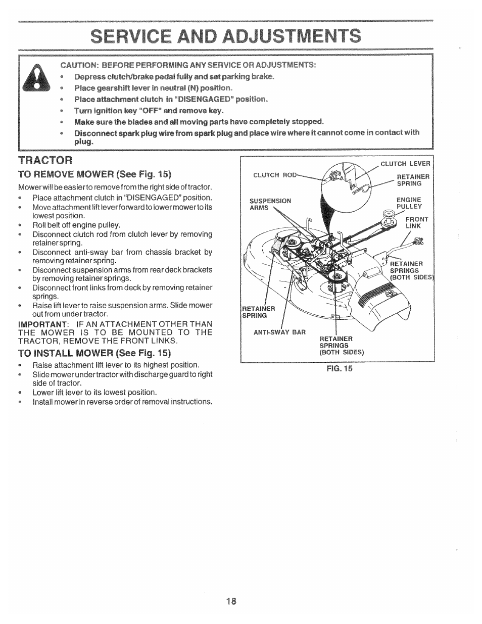 To remove mower (see fly. 15), To install mower (see fig. 15), Tractor | Poulan 169553 User Manual | Page 18 / 48