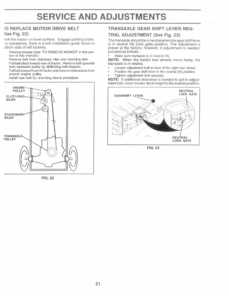 Service and adjustments, Transaxle gear, Leve r ne | Tral adjustment | Poulan 169553 User Manual | Page 21 / 48