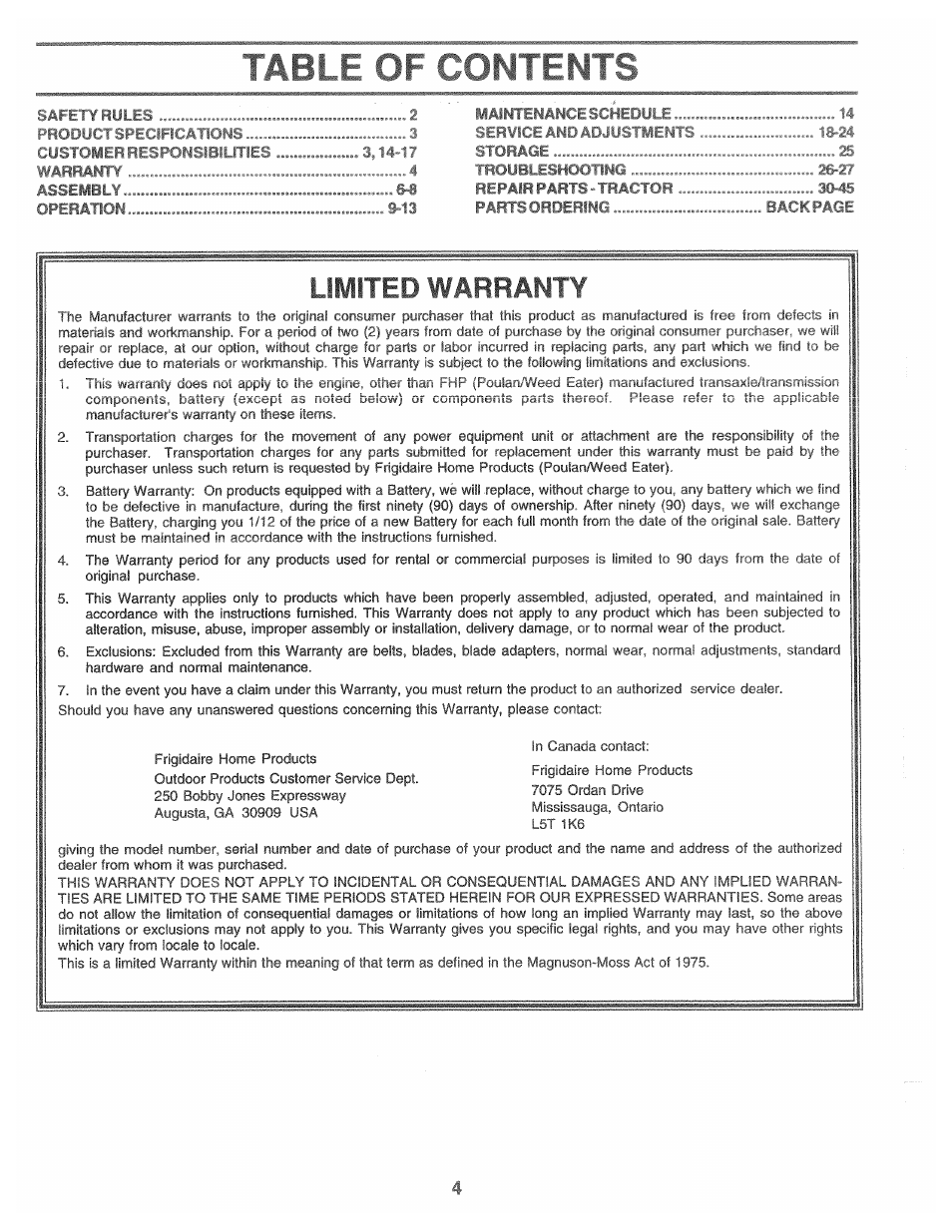 Fabi f or eontfnts, Limited warranty | Poulan 169553 User Manual | Page 4 / 48