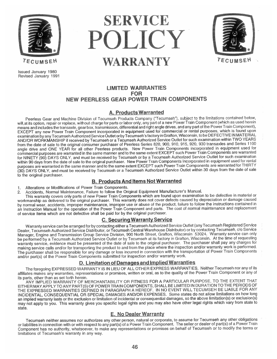 R 1 tipqt n, Ecumsett, Limited warranties for | New peerless gear power train components, C. secyrinq warranty ser¥ice, P.lim¡tatiori of damages an..dlmp, E. no dealer warranty, Oui y, Si kvirf | Poulan 169553 User Manual | Page 46 / 48