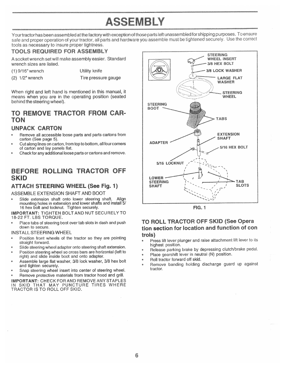 Unpack carton, Attach steering wheel (see fig. 1), Before rolling tractor off skid | Poulan 169553 User Manual | Page 6 / 48