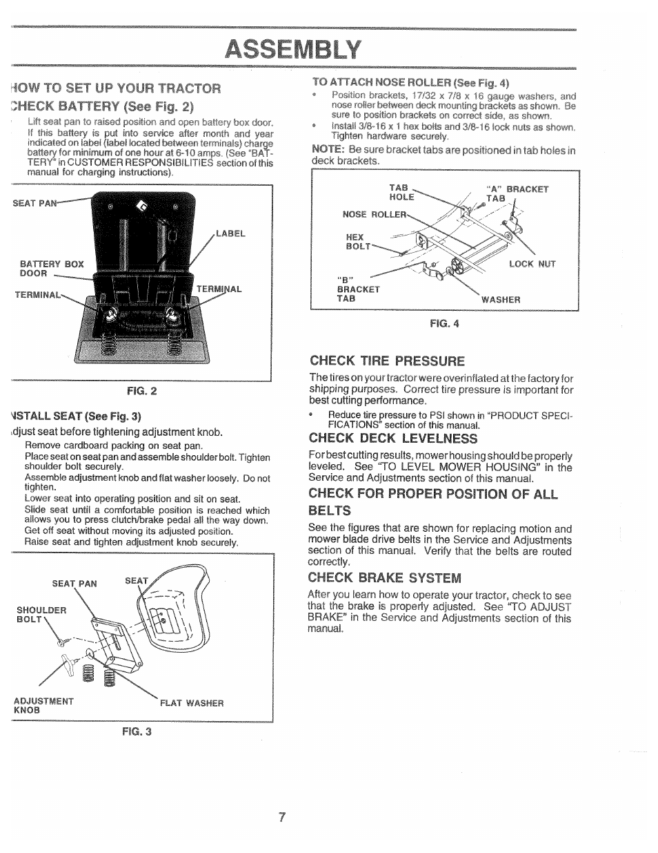 Check tire pressure, Check deck leyelness, Check for proper position of all belts | Check brake system, Assembly | Poulan 169553 User Manual | Page 7 / 48