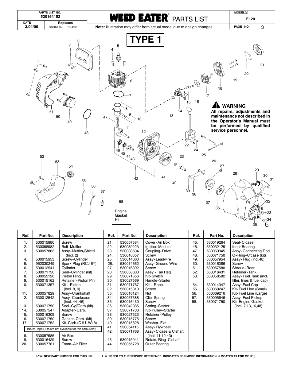 Engine - type 1, Type 1, Poulan parts list | Poulan pro parts list paramount parts list, Parts list | Poulan 530164152 User Manual | Page 3 / 4