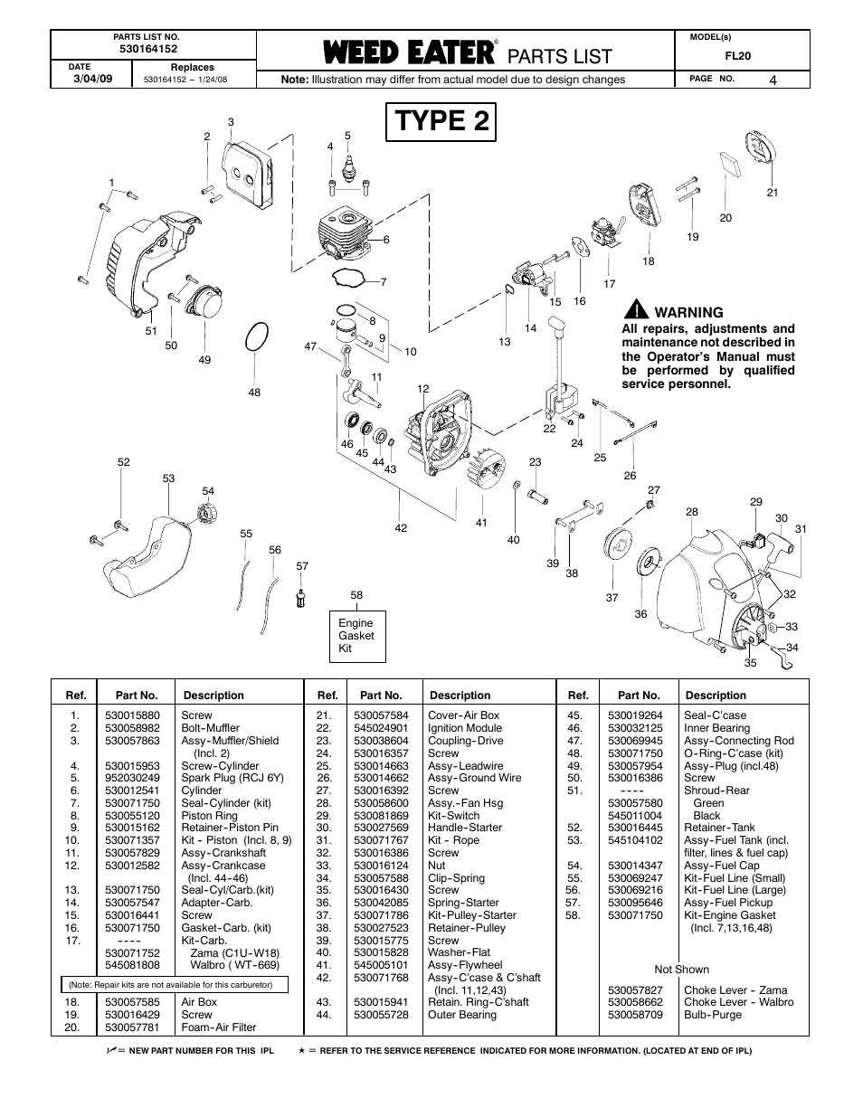 Engine - type 2, Type 2, Poulan parts list | Poulan pro parts list paramount parts list, Parts list | Poulan 530164152 User Manual | Page 4 / 4