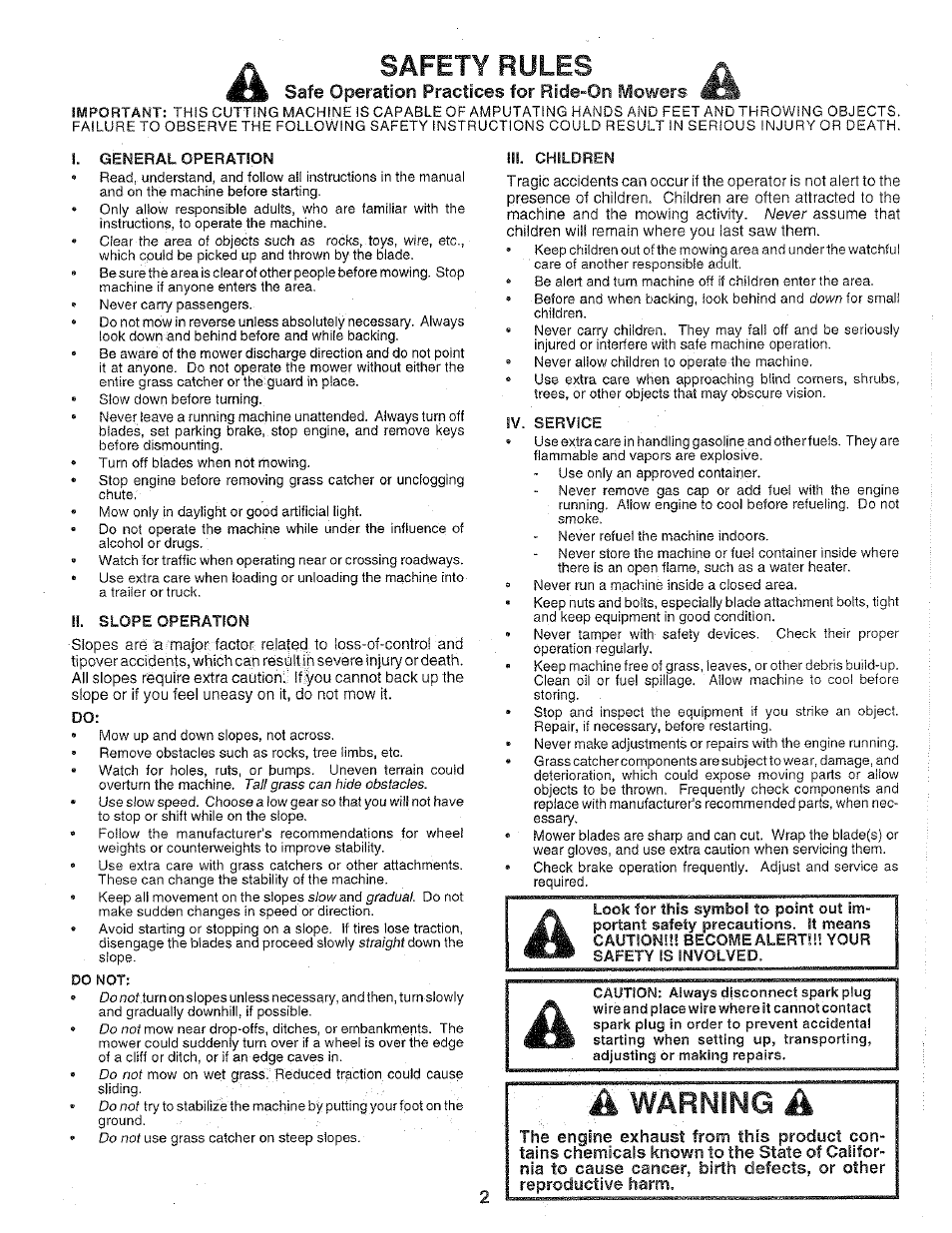 Safety rules, Safe operation practices for ride-on mowers, Warning | Poulan 159699 User Manual | Page 2 / 46