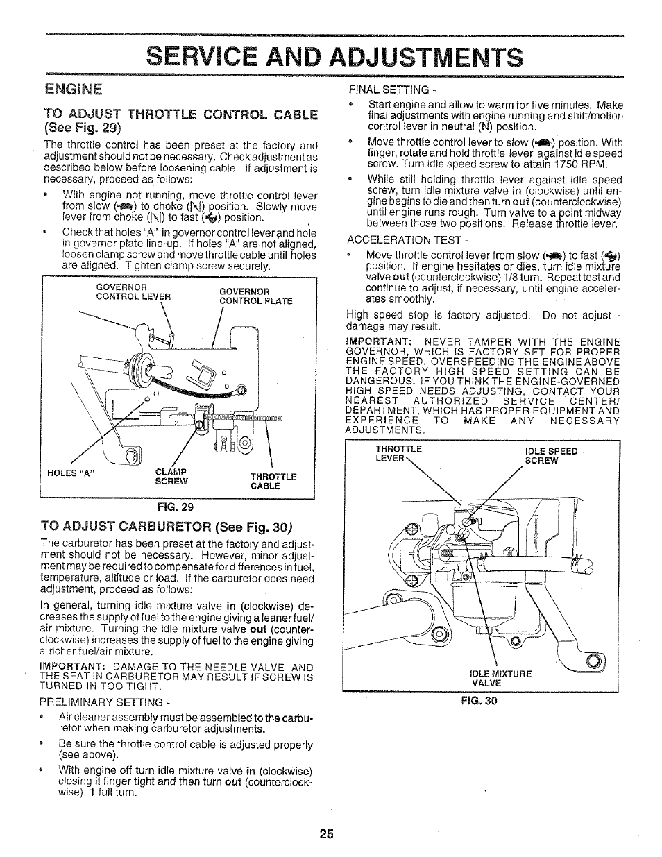 Engine, To adjust throttle control cable, See fig. 29) | To adjust carburetor (see fig. 30, Servsce and adjustments | Poulan 159699 User Manual | Page 25 / 46
